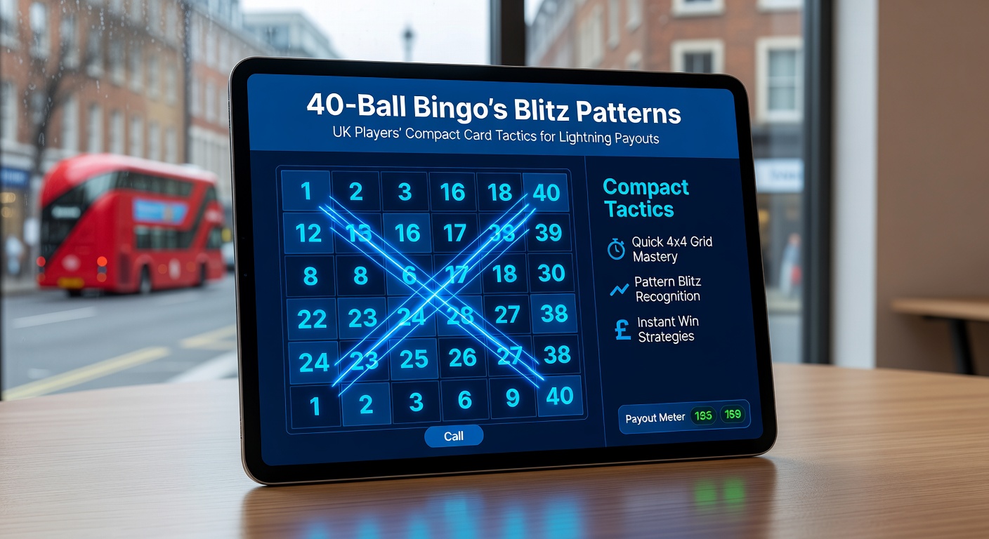 UK player analyzing 40-ball bingo tactics on a digital compact card with blitz patterns marked in neon highlights