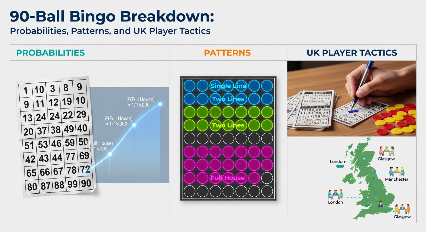 Vibrant 90-ball bingo card displaying numbered grids and colorful winning patterns on a digital screen