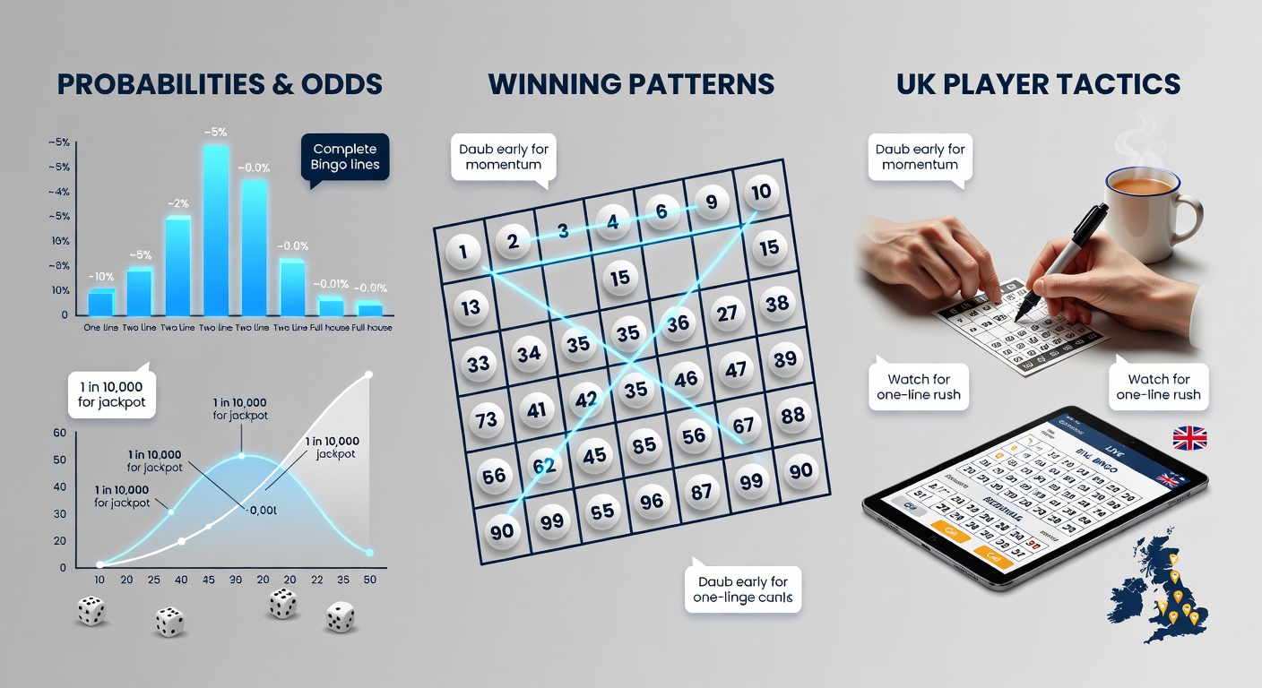 Close-up of a 90-ball bingo card highlighting winning patterns like single line, two lines, and full house with marked numbers