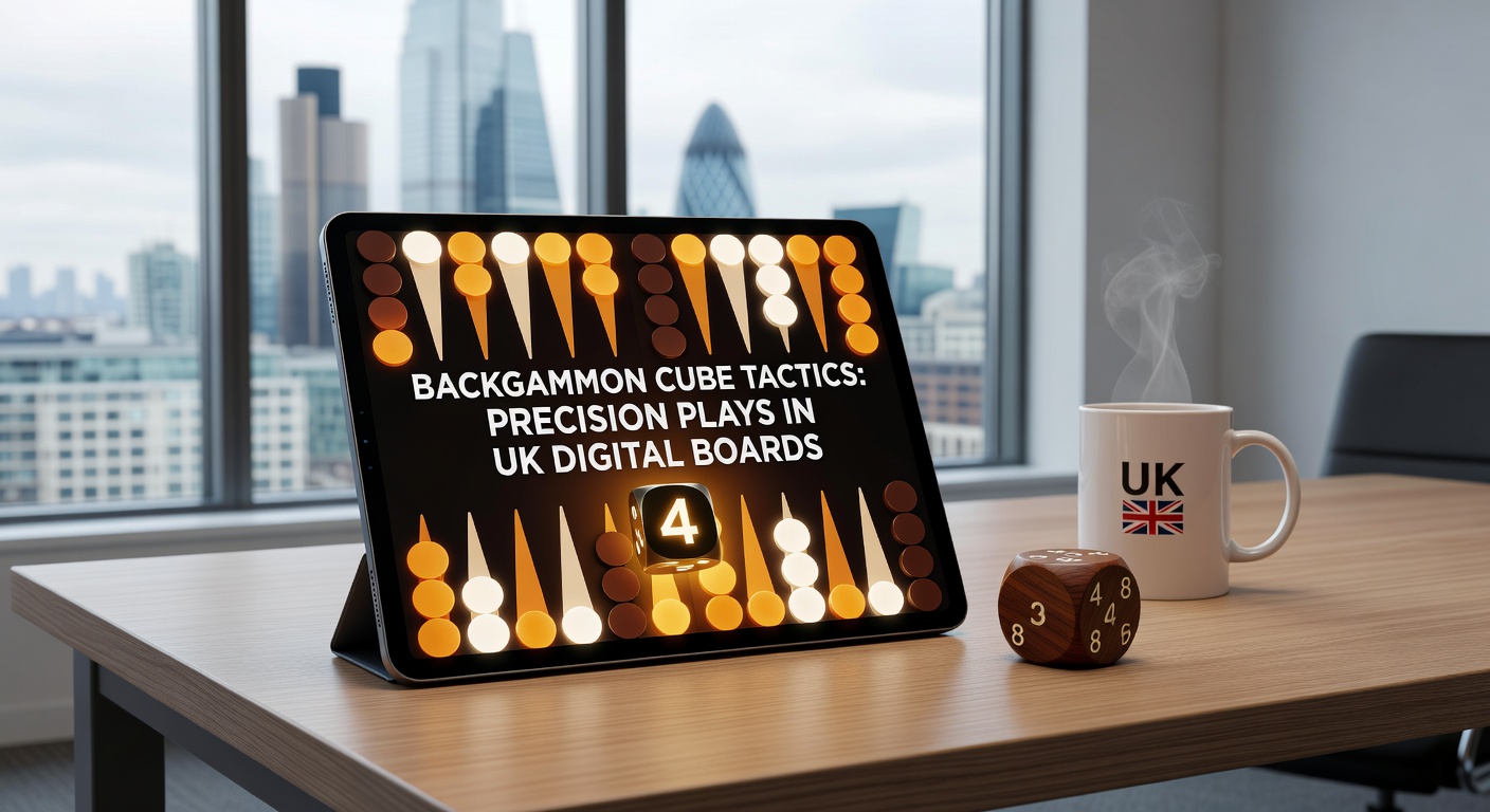 Close-up of a doubling cube turned to 8 during a redouble decision on a vibrant UK online backgammon interface, with checkers poised mid-game