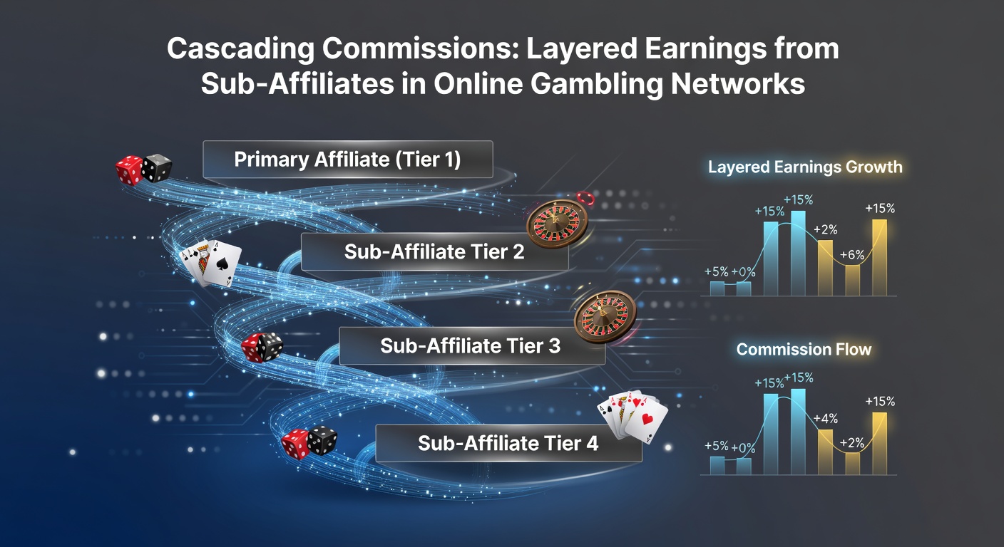 Diagram showing multi-level affiliate commission structure with cascading payments flowing downward through sub-affiliate tiers