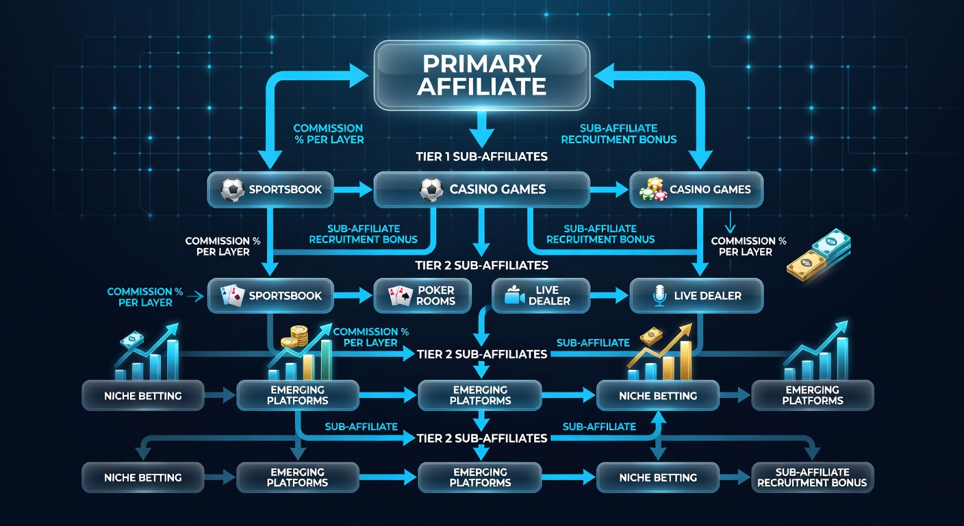 Network chart illustrating affiliate recruitment tree with revenue flows cascading through multiple sub-levels in an online gambling program