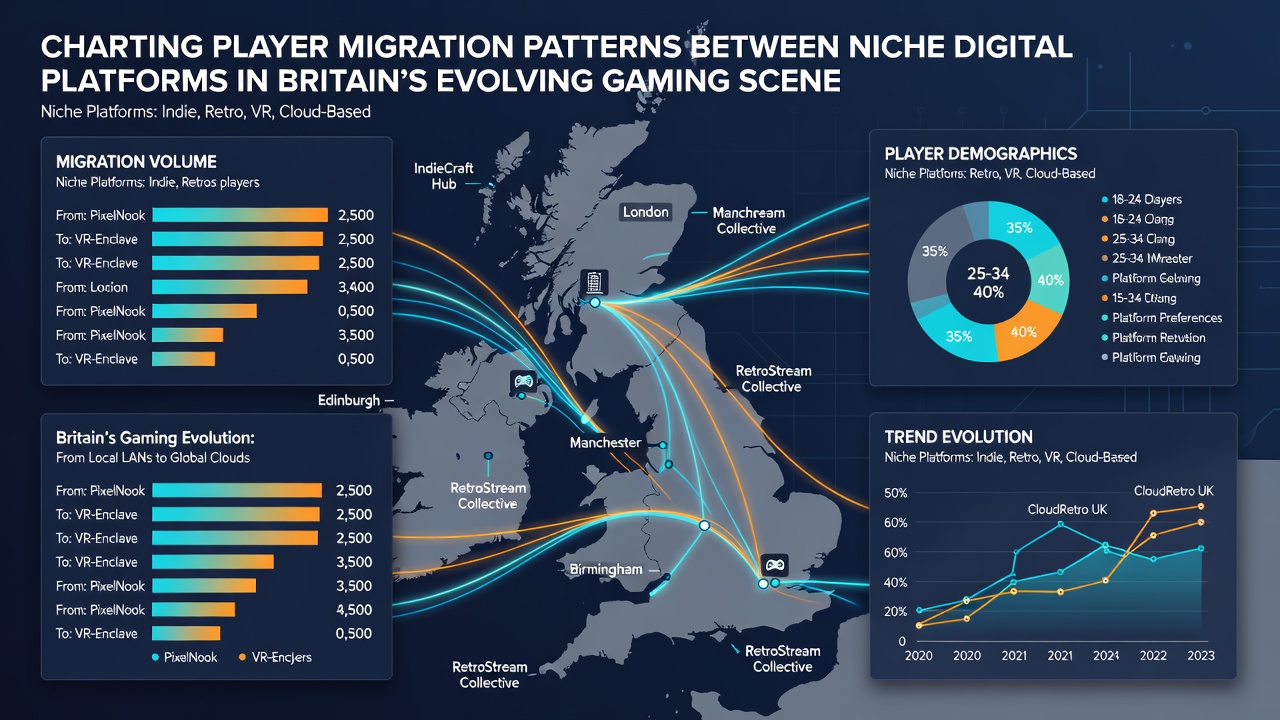 Infographic detailing statistical flows and percentages of player transitions between different gaming platform categories in the UK