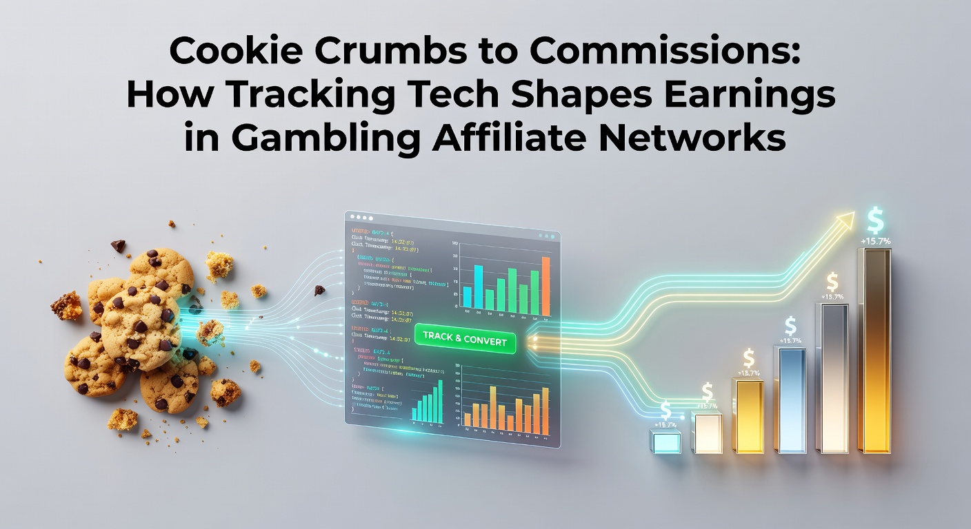 Digital trail of cookie crumbs leading from affiliate links to commission payouts in a gambling network diagram