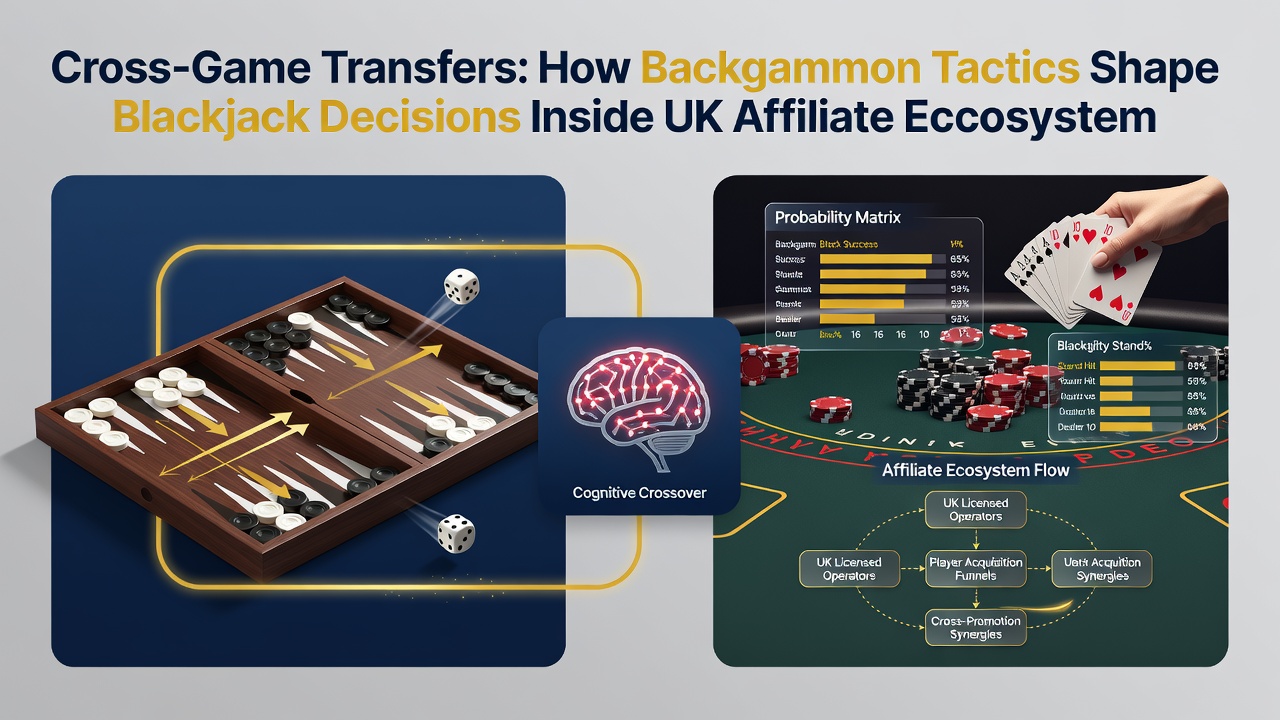 Diagram showing probability flows from backgammon doubling cube to blackjack split and double decisions