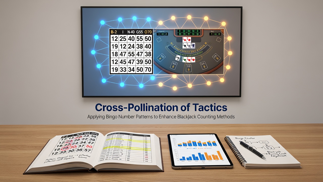 Diagram comparing bingo number grids with blackjack shoe layouts and highlighted pattern recognition zones