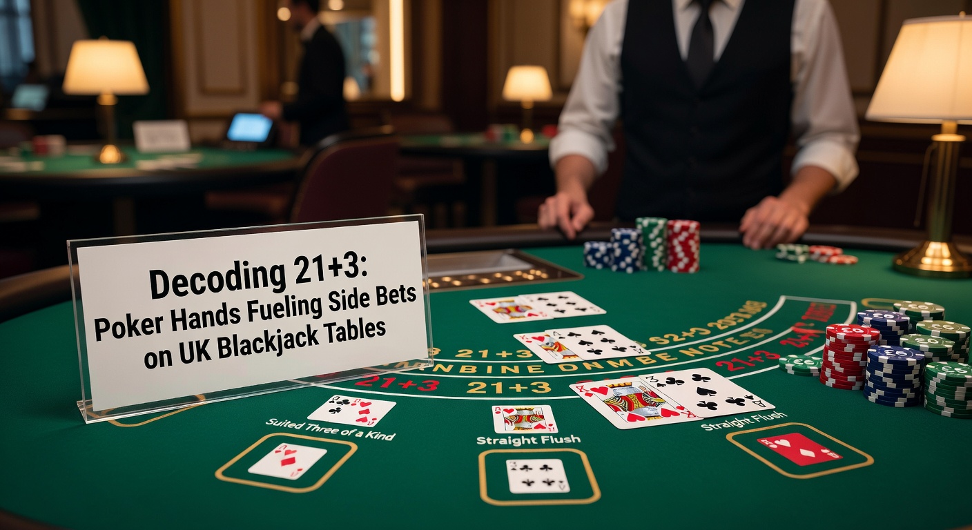 Close-up of a blackjack table layout highlighting the 21+3 side bet circle amid chips, cards, and poker hand icons