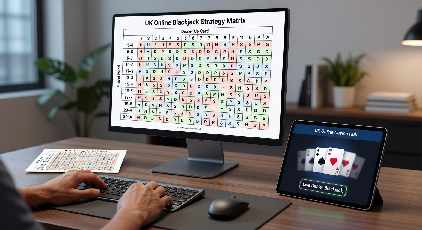 Player at online blackjack table consulting a digital strategy chart on a second screen during a live dealer game