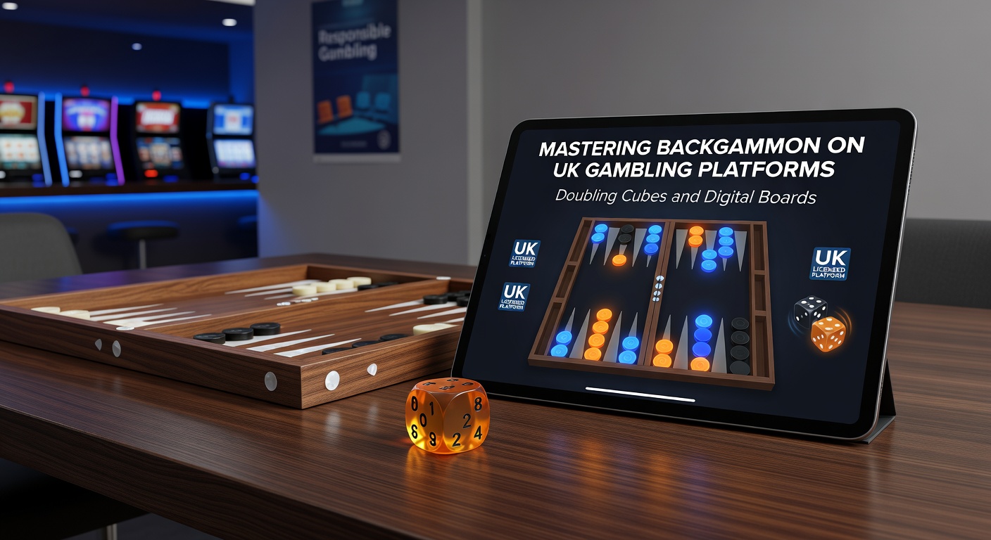 A close-up view of a backgammon board with checkers in play and a prominent doubling cube showing the number 4, set against a digital online casino interface