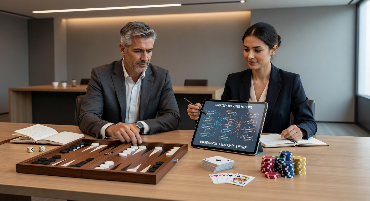 Backgammon board positioned beside blackjack table and poker chips to illustrate strategic connections