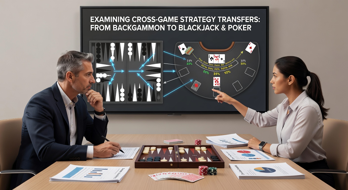 Poker table with backgammon doubling cube and blackjack cards arranged to show shared decision frameworks