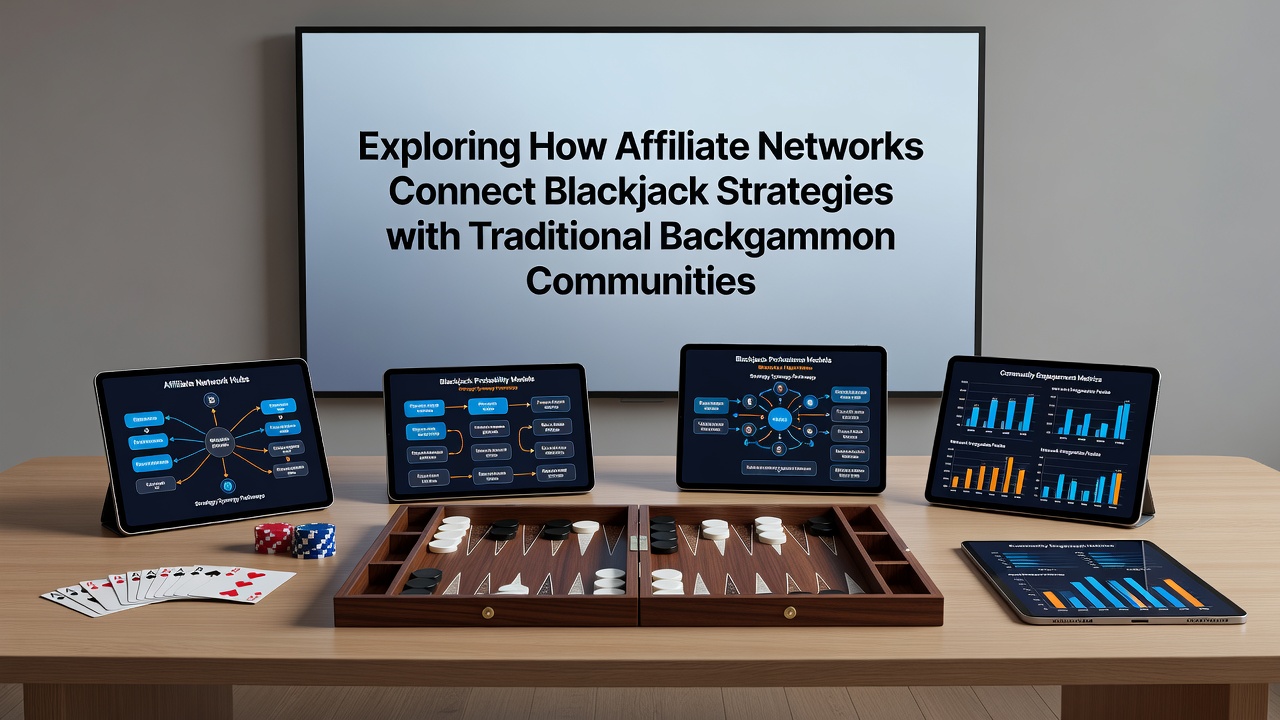 Backgammon players reviewing strategy materials promoted through affiliate channels alongside blackjack resources