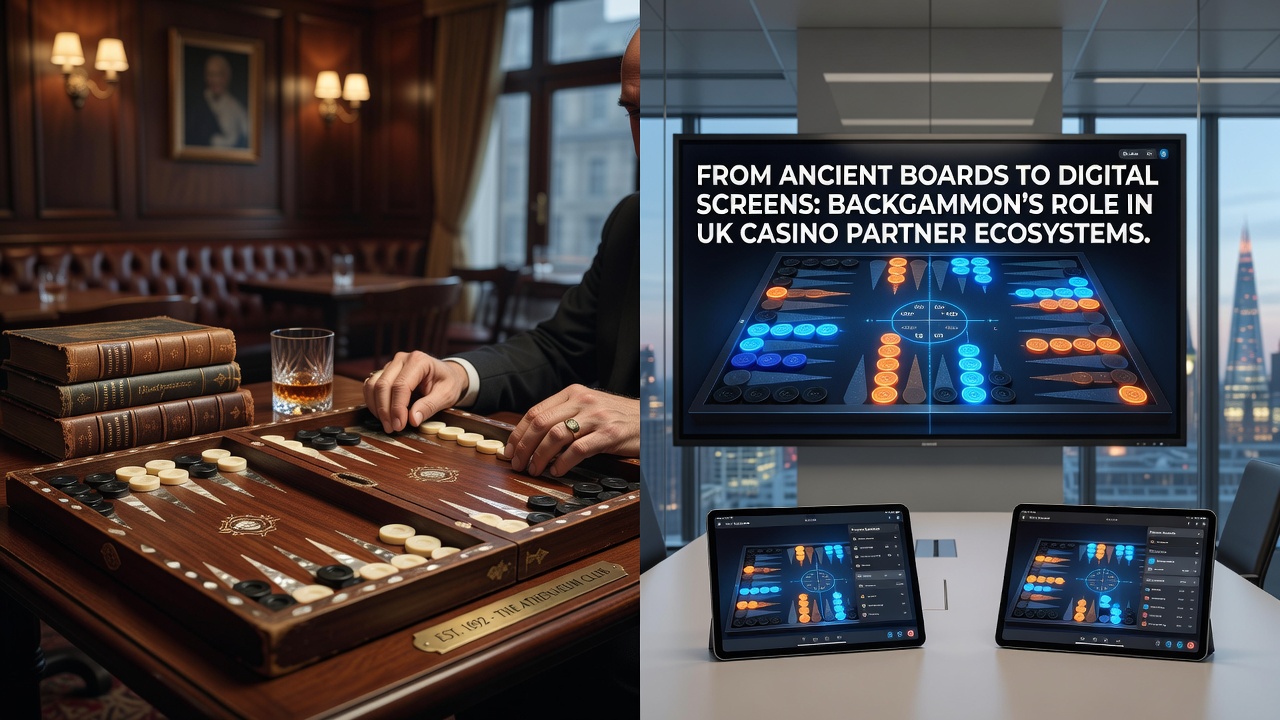 Ancient backgammon board alongside modern digital casino interface showing the game's evolution