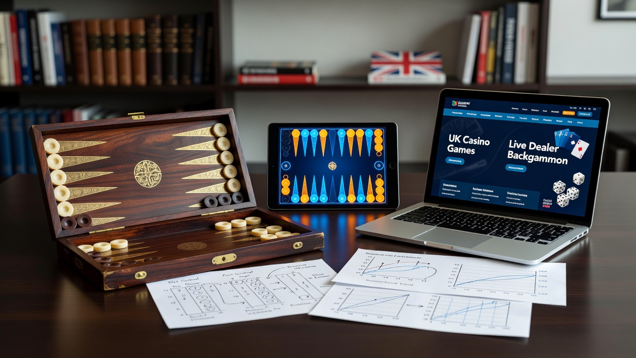 Historical backgammon board with dice and pieces arranged in classic starting position, illustrating early strategic setups