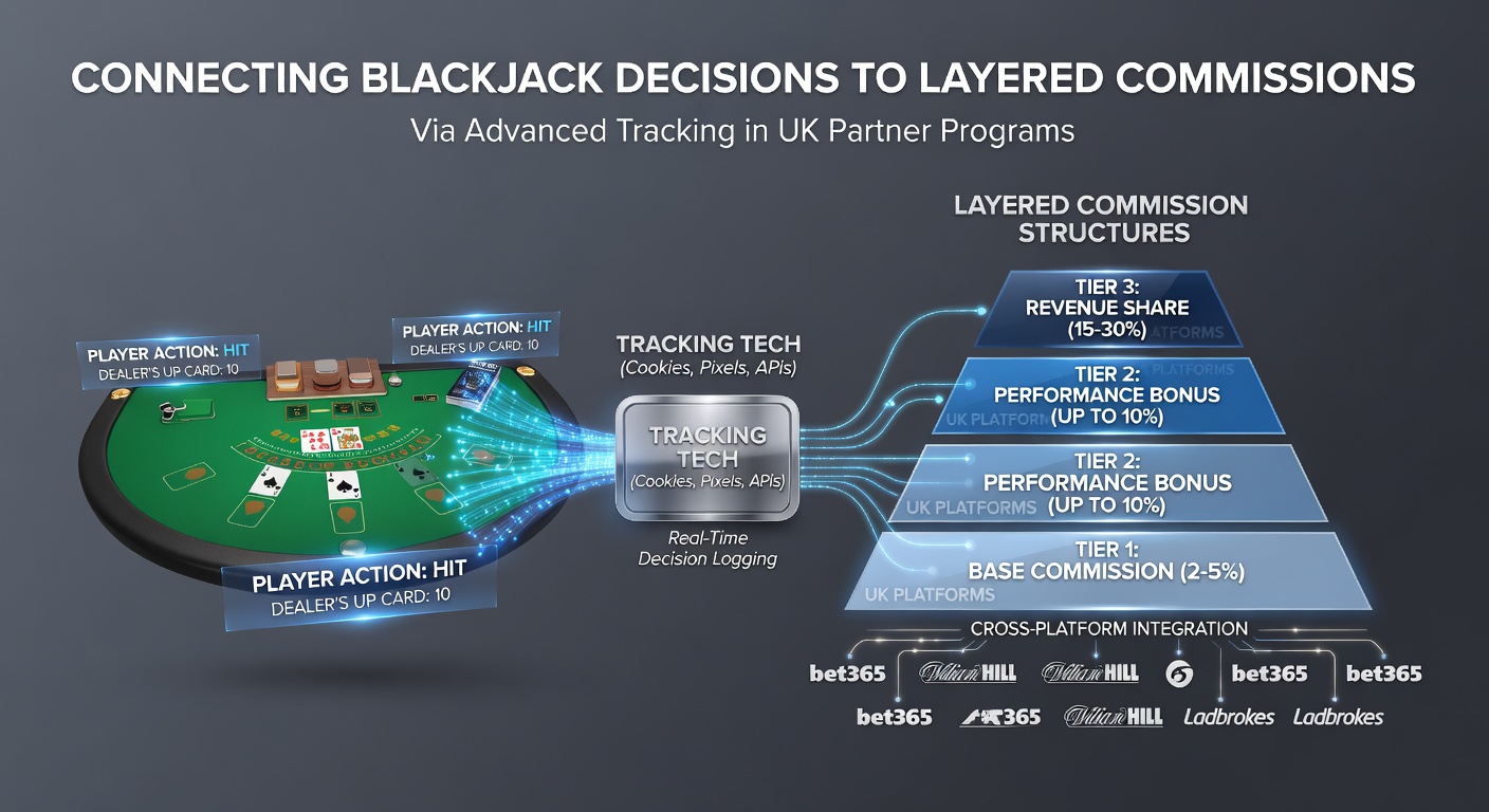 Illustration of tracking technologies linking blackjack gameplay to affiliate commission layers on UK platforms