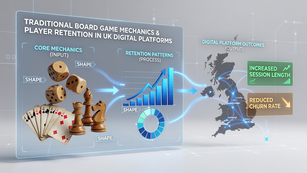 Traditional board game pieces arranged on a digital interface representing UK gaming platforms