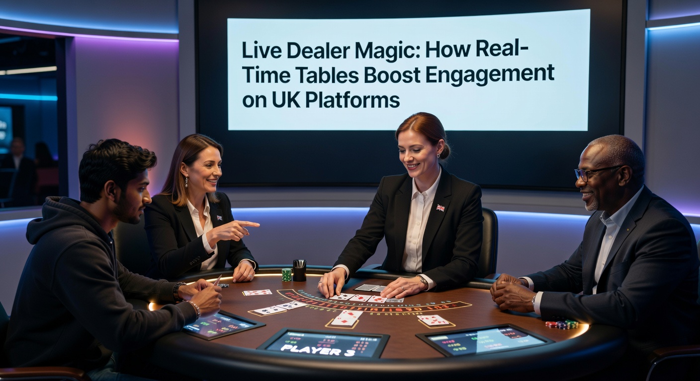 A live dealer at a blackjack table interacting with players via high-definition stream, cards in hand under bright studio lights