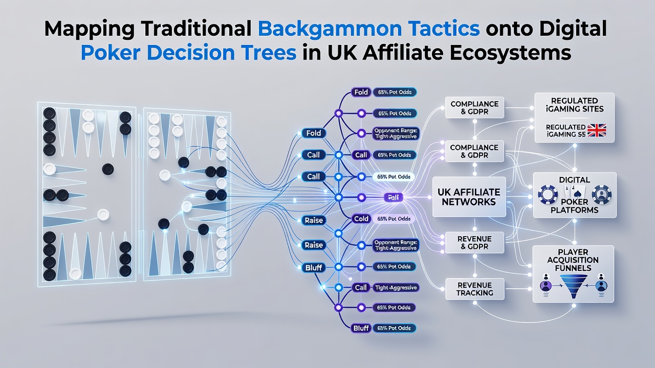 Diagram showing backgammon board positions overlaid on poker decision tree branches in a digital interface