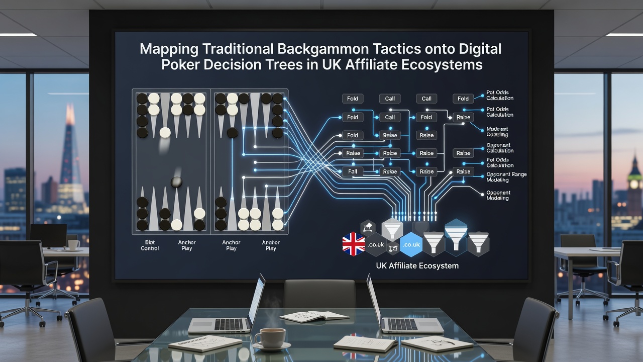 Flowchart illustrating mapped backgammon tactics feeding into poker decision nodes with UK affiliate branding