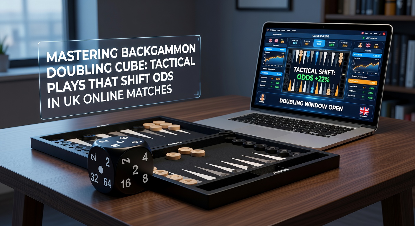 Close-up of a redoubled cube in a high-stakes online backgammon game, with players contemplating the next move amid tense board positions