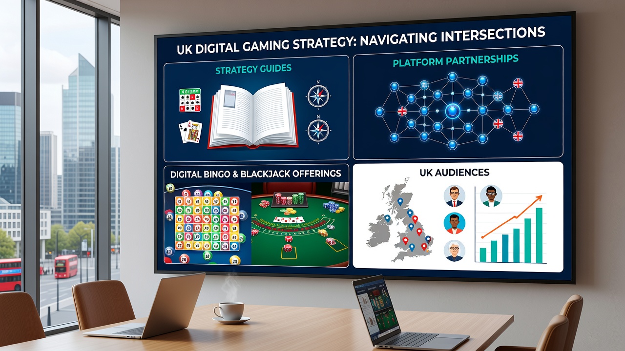 Digital interfaces showing bingo cards alongside blackjack tables with partnership logos integrated into UK gaming platforms