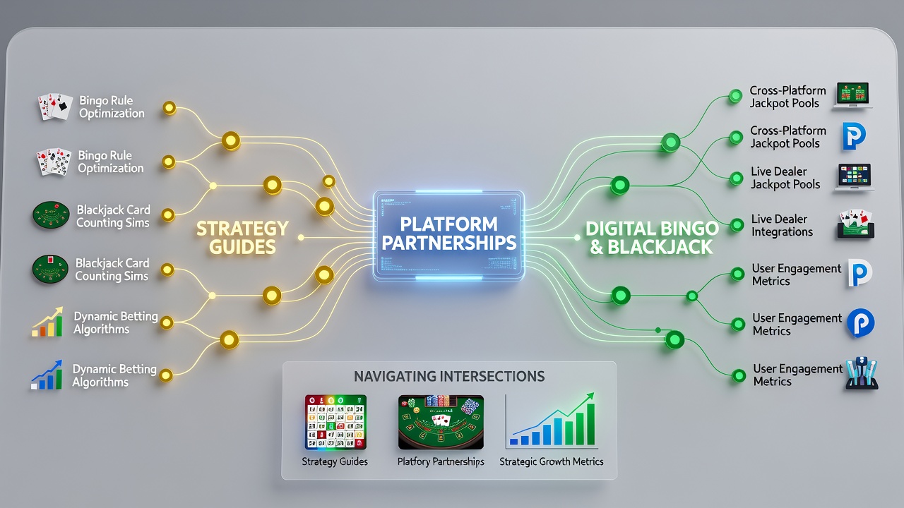 Split view of strategy guide interfaces overlaid on bingo halls and blackjack felt with UK regulatory icons and partnership badges
