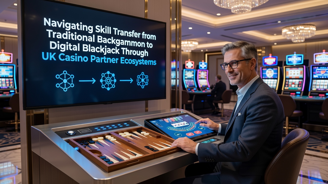 Illustration of backgammon board transitioning into digital blackjack interface through connected casino network nodes