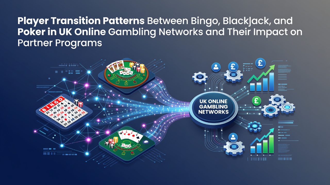 Illustration of player pathways connecting bingo, blackjack, and poker tables in a digital gambling interface