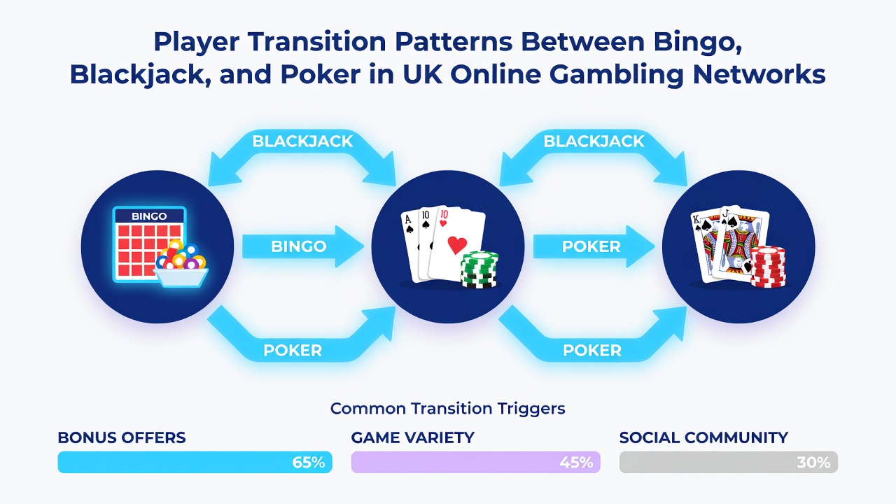 Diagram showing affiliate tracking flows as players transition between bingo halls, blackjack tables, and poker rooms