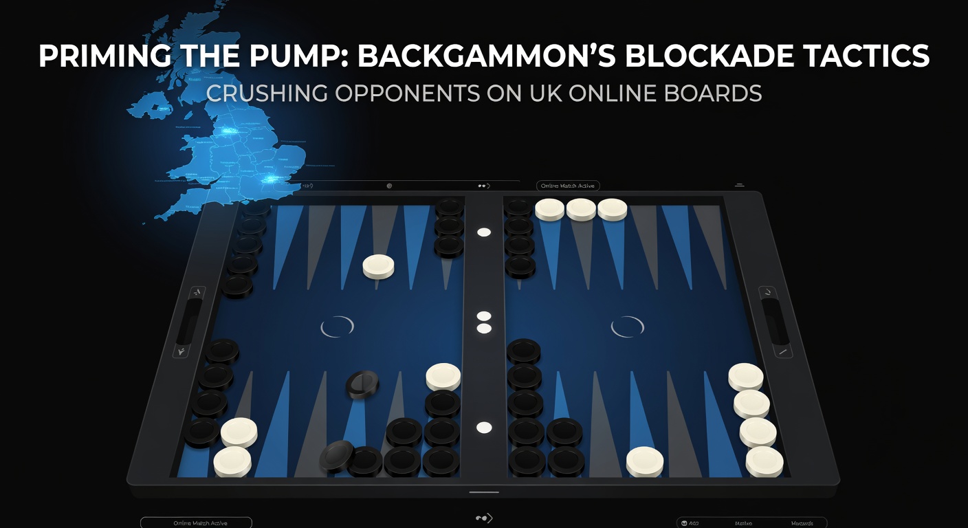 A backgammon board showcasing a six-point prime blockade, with checkers stacked tightly to block opponent movement