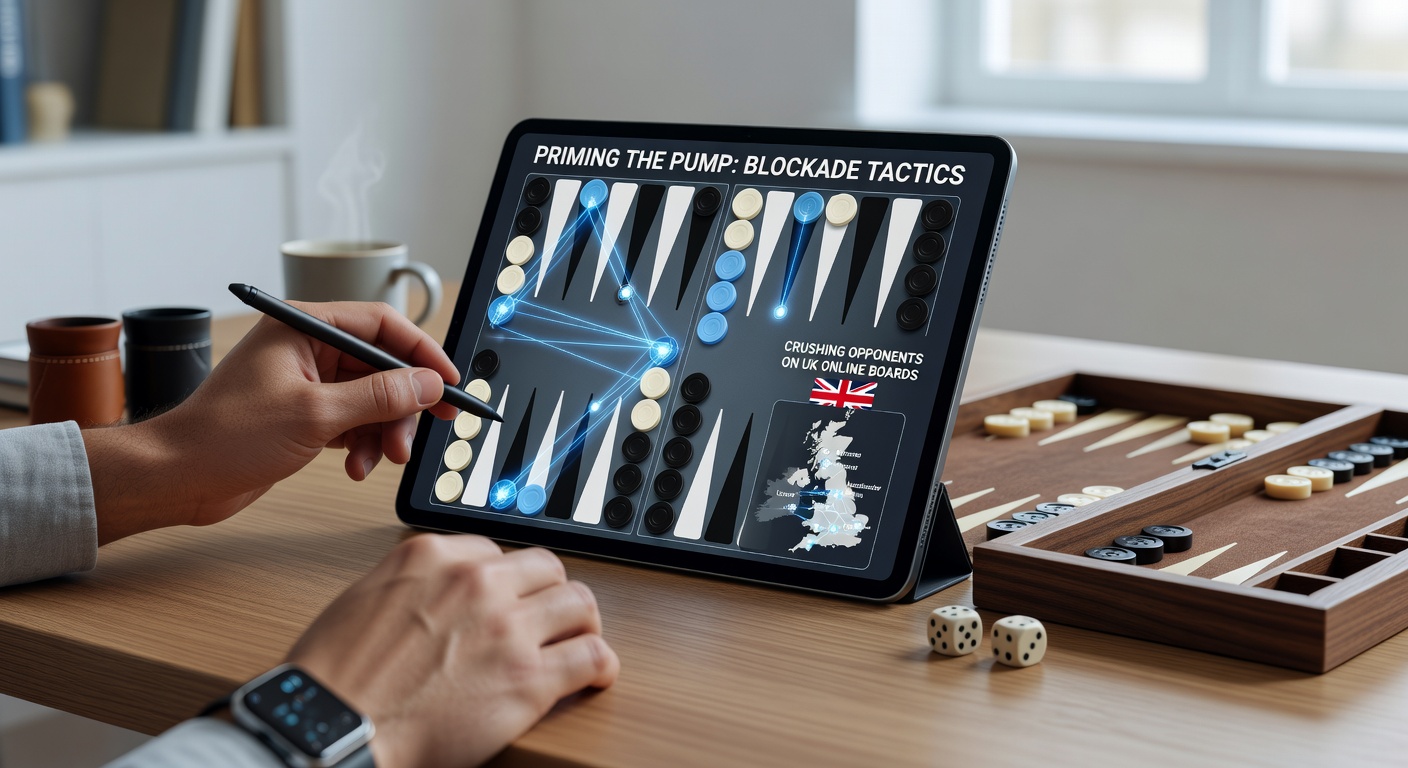 Screenshot of an online backgammon interface displaying a mid-game blockade, opponent checkers immobilized behind the prime