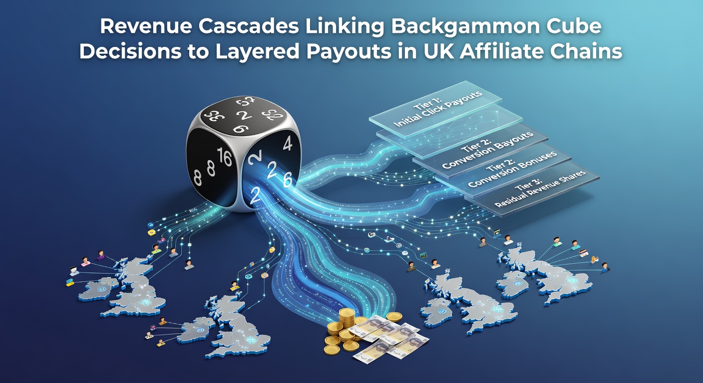 Illustration of backgammon doubling cube and layered revenue flow in affiliate marketing