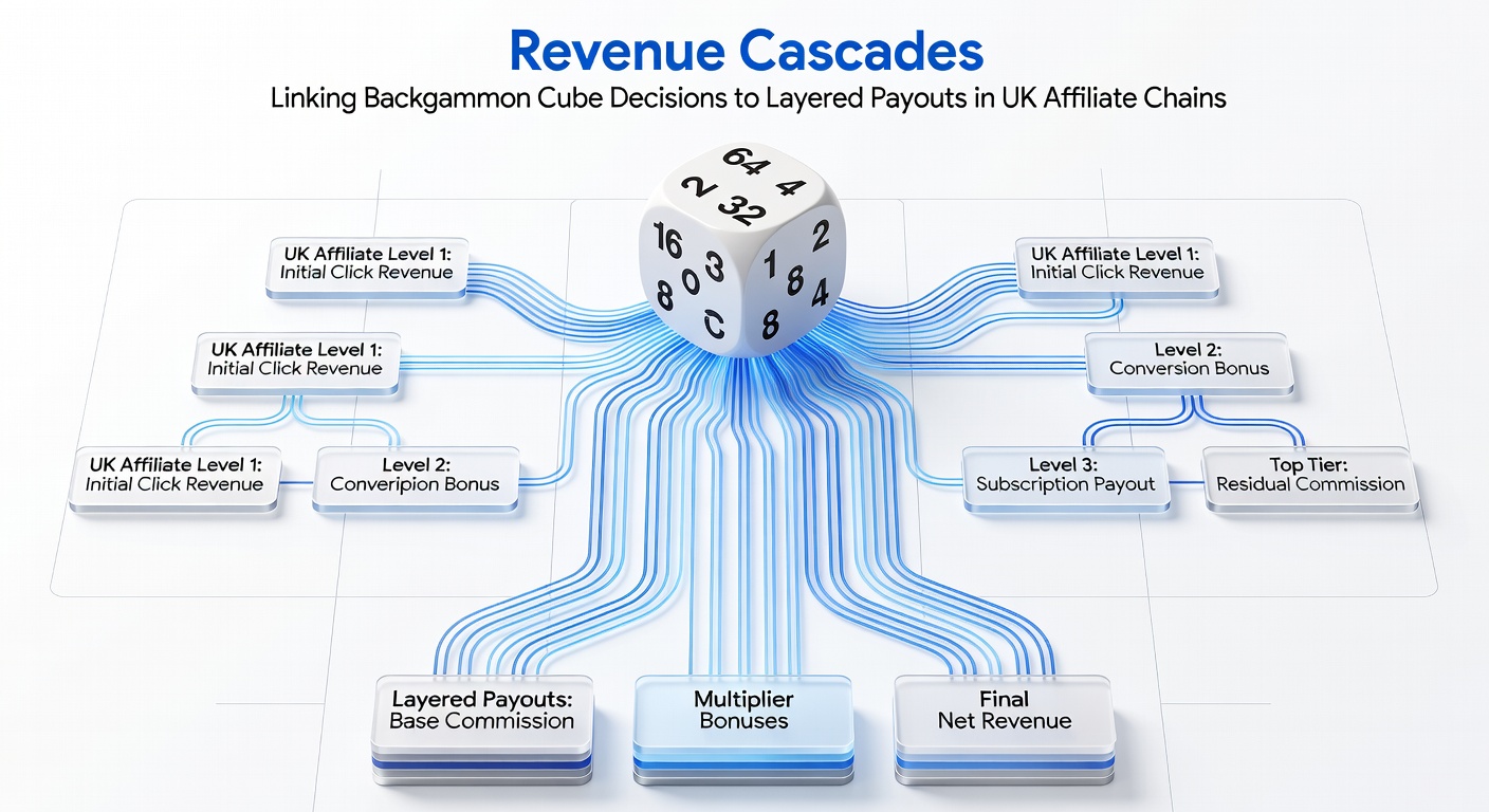 Diagram showing how backgammon cube decisions feed into multi-level affiliate commission structures