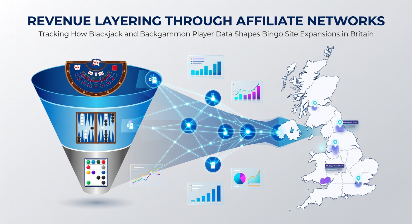 Network diagram showing layered affiliate revenue streams connecting blackjack, backgammon, and bingo platforms across Britain