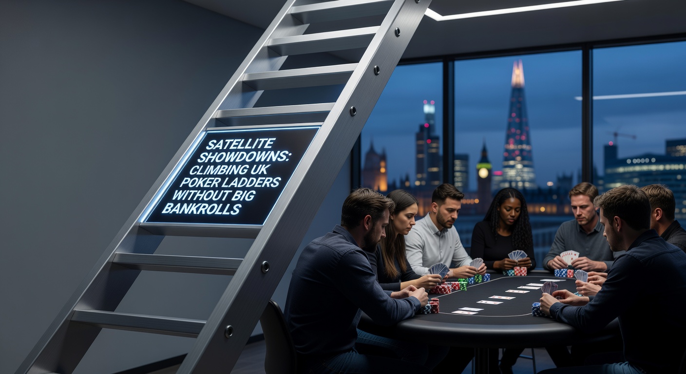 Poker players competing in a tense satellite tournament, chips stacked high as they vie for entry to major events