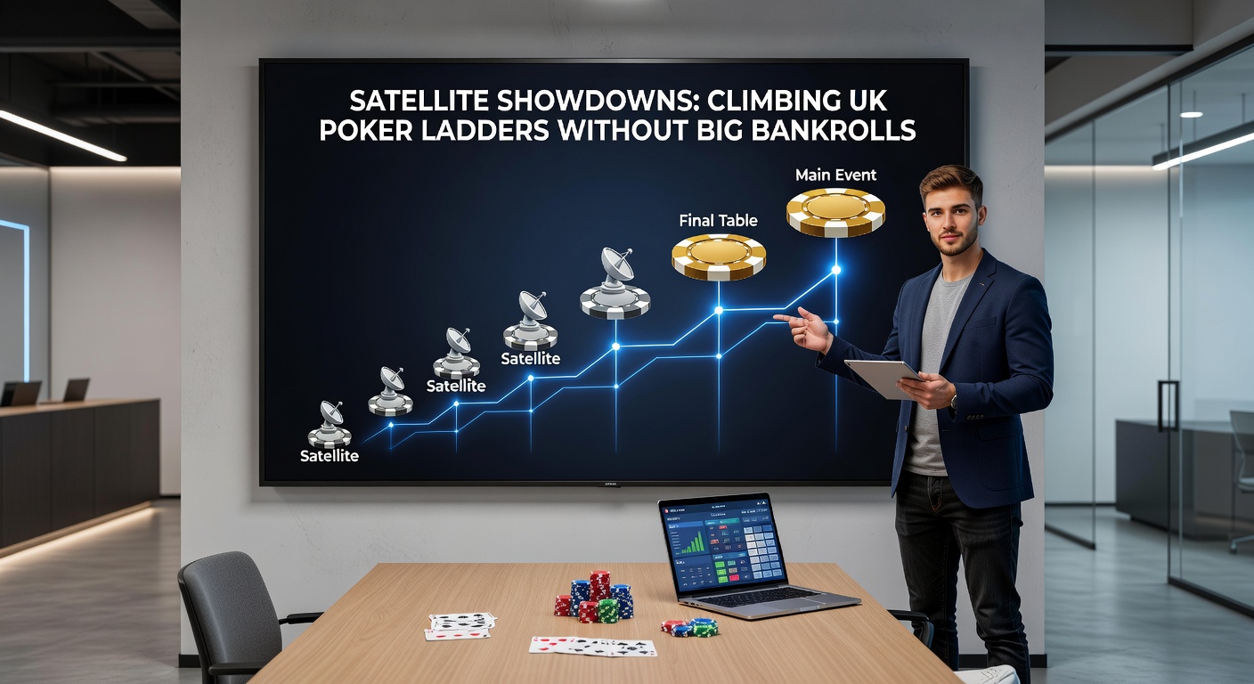 Close-up of a satellite winner receiving a tournament seat voucher amid cheering opponents