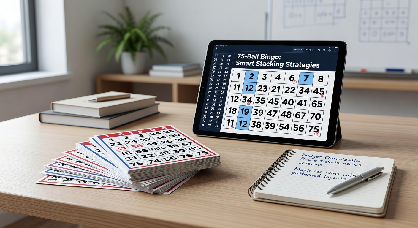 Close-up of a strategic 75-ball bingo ticket stack on a digital screen, illustrating edge fortress and cluster bloom patterns with highlighted winning lines