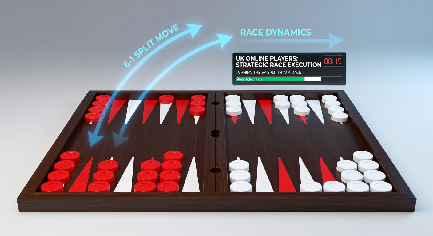 Online backgammon interface displaying a 6-1 roll and race progression on a UK player's screen