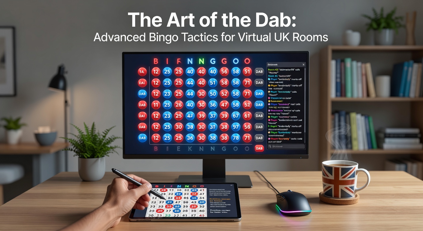 A player dabbing numbers on a digital bingo card in a vibrant virtual UK bingo room, highlighting advanced tactics in action