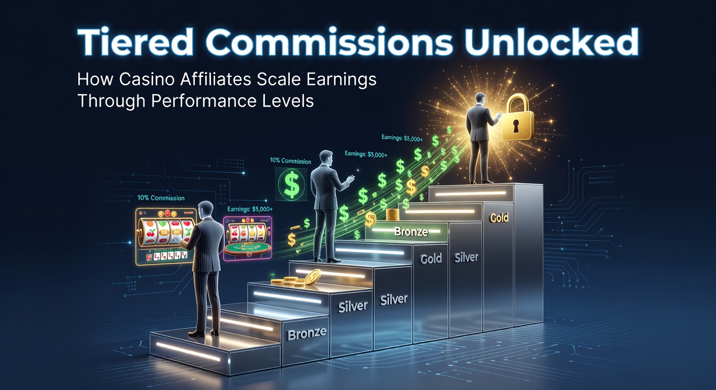 Digital dashboard displaying tiered commission progress bars for casino affiliates, highlighting revenue milestones