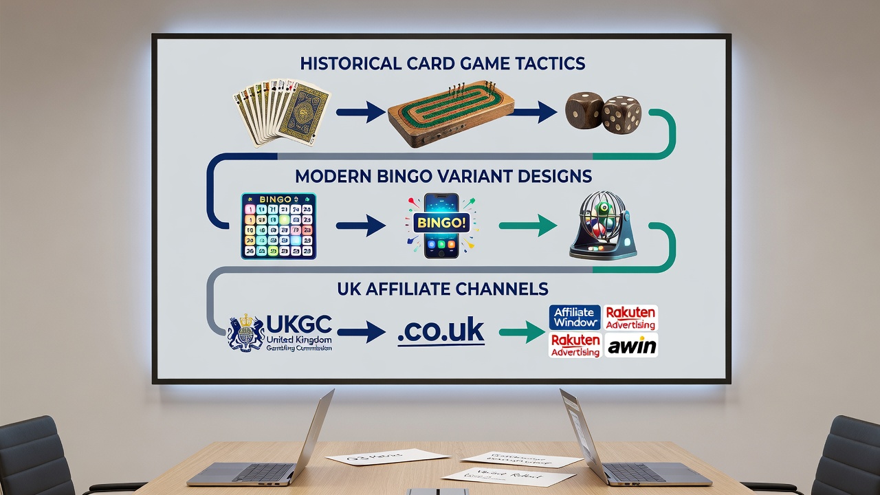 Modern bingo variant screens displaying card-inspired patterns and tactical overlays used in UK affiliate promotions