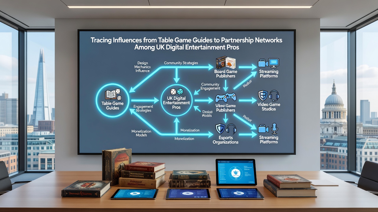 Network diagram illustrating connections between table game content creators and UK digital entertainment partnerships
