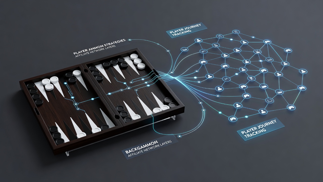 Illustration showing layered gaming paths connecting traditional backgammon play with digital affiliate network flows