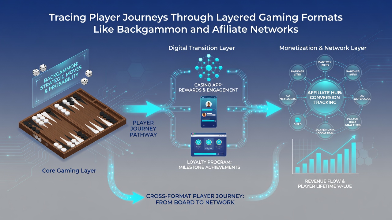 Diagram depicting player progression routes through backgammon sessions into affiliate-linked casino environments