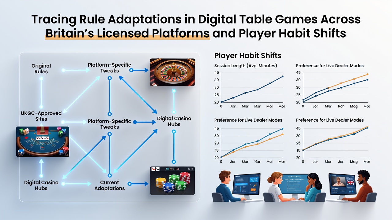 Digital table game interface showing adapted blackjack rules on a licensed British platform with player statistics overlay